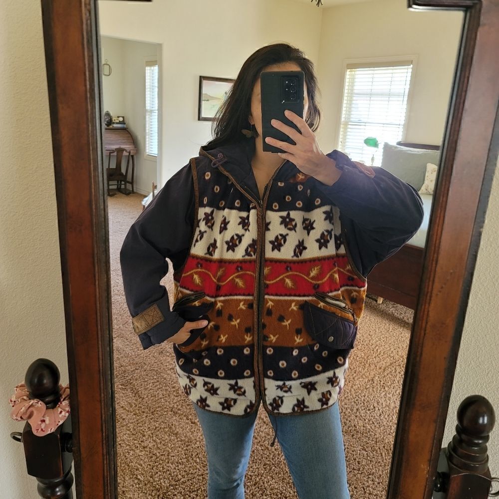 East West large floral southwestern vintage chunky jacket hoodie navy cream moun